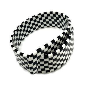 Mod Op Art Wrap Bangle Bracelet Black White Checkerboard Pattern